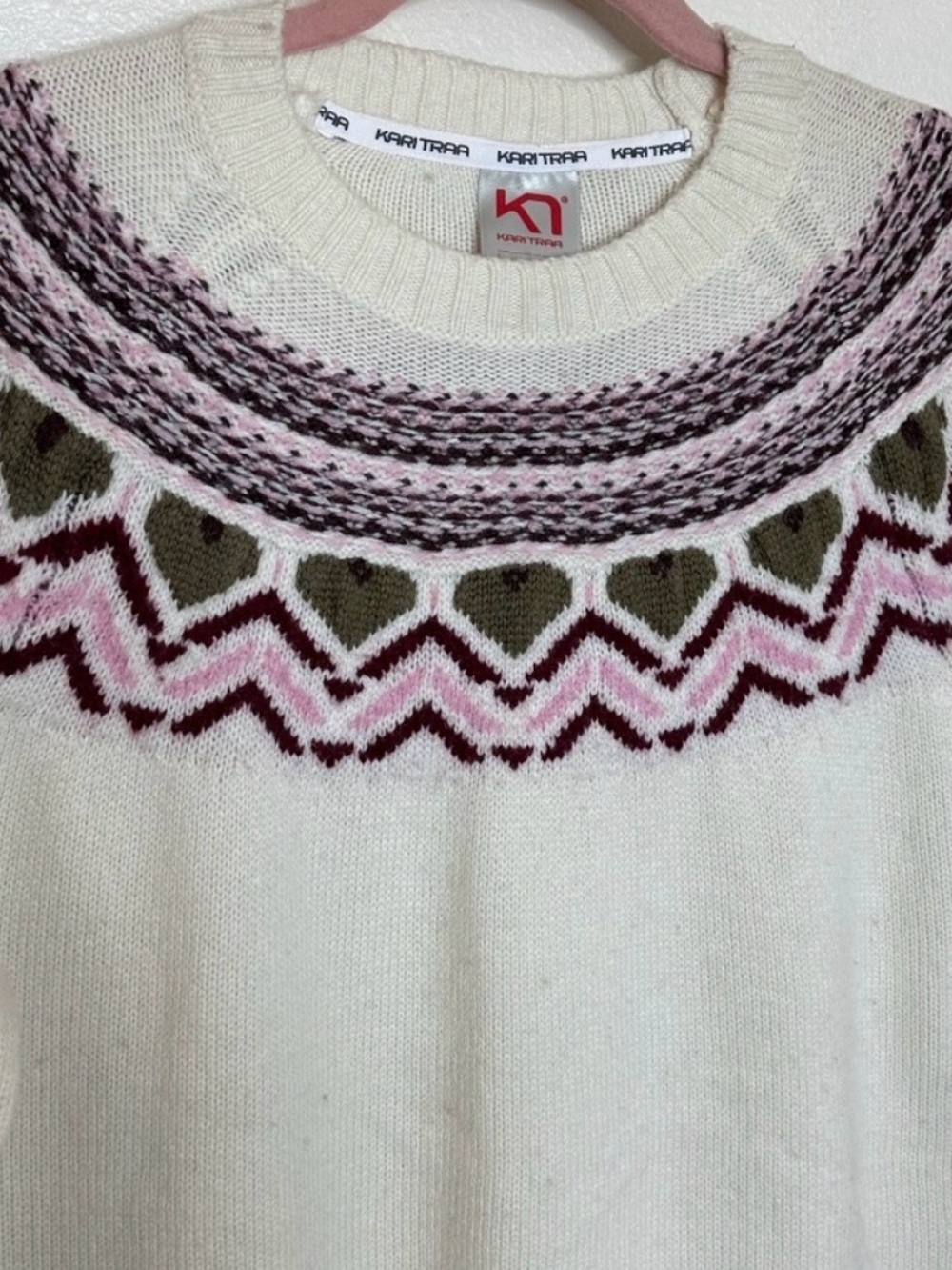 Kari Traa Cream Crewneck Sweater with Pink and Olive Fair Isle